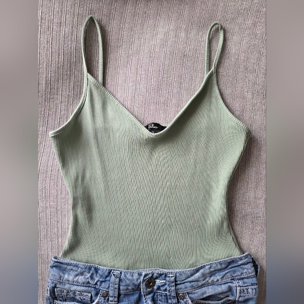 Lulus Sage Green Ribbed Bodysuit Cami | Size XL | Soft Stretch Fitted Tank